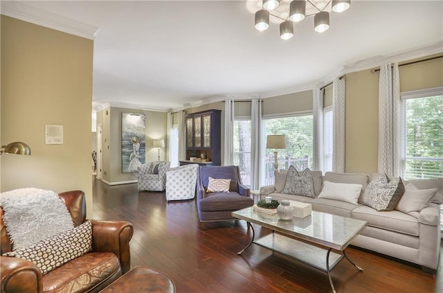 living area featuring crown molding, a chandelier, and hardwood / wood-style floors
