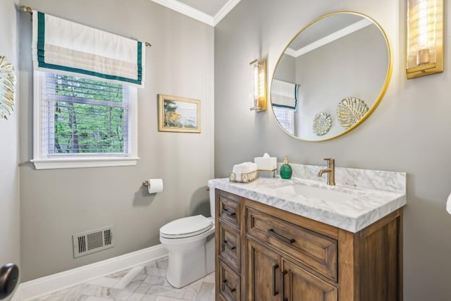 bathroom with toilet, crown molding, marble look tiles, baseboards, and vanity