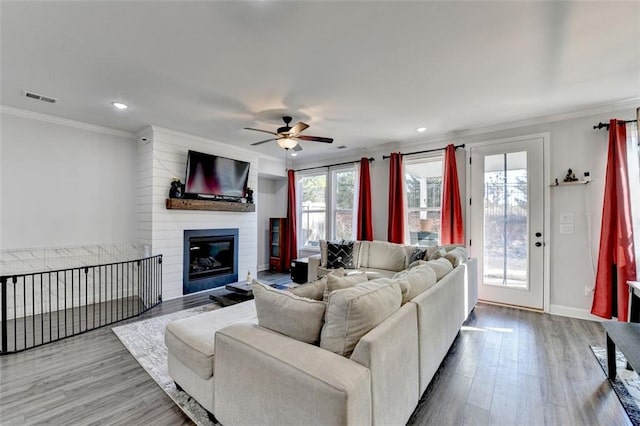 living room with hardwood / wood-style flooring, a large fireplace, and ornamental molding