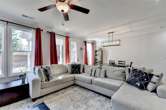 living room featuring ornamental molding, ceiling fan with notable chandelier, and a wealth of natural light