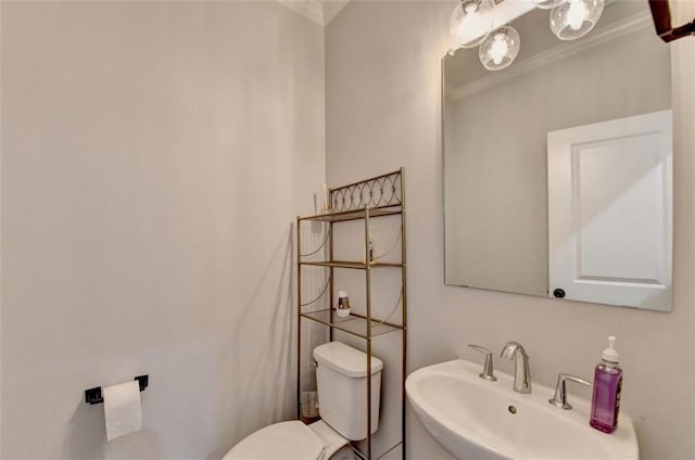 bathroom featuring ornamental molding, sink, and toilet