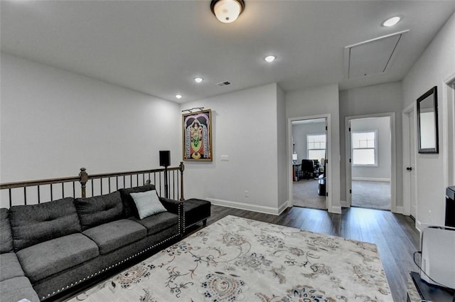 living room with dark wood-type flooring