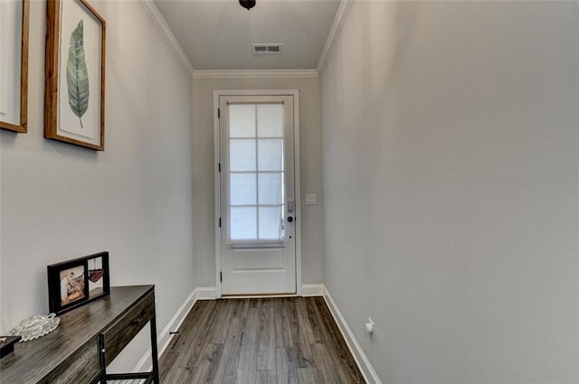 entryway featuring crown molding and wood-type flooring