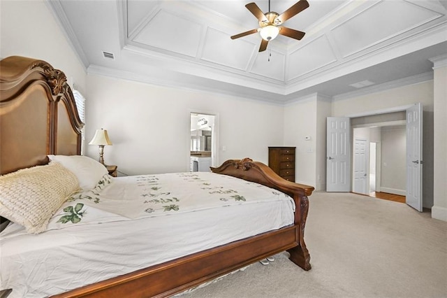 4782 Lakeway, Alpharetta, GA 30005 - bedroom with crown molding, visible vents, coffered ceiling, carpet, and a ceiling fan