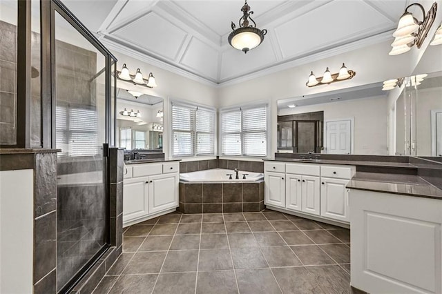 4782 Lakeway, Alpharetta, GA 30005 - bathroom featuring tile patterned floors, a shower stall, a bath, a sink, and crown molding