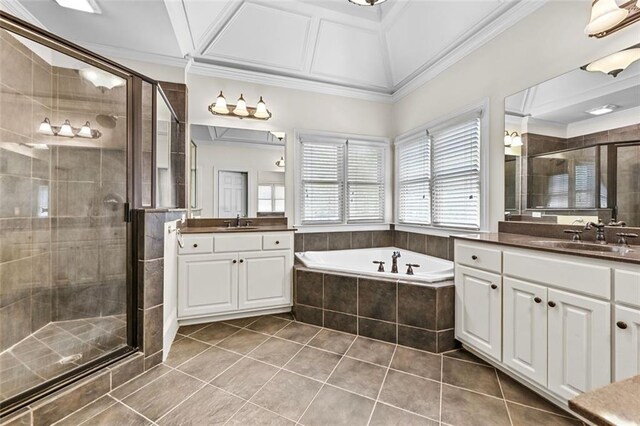 4782 Lakeway, Alpharetta, GA 30005 - full bathroom with a sink, a shower stall, two vanities, ornamental molding, and tile patterned flooring