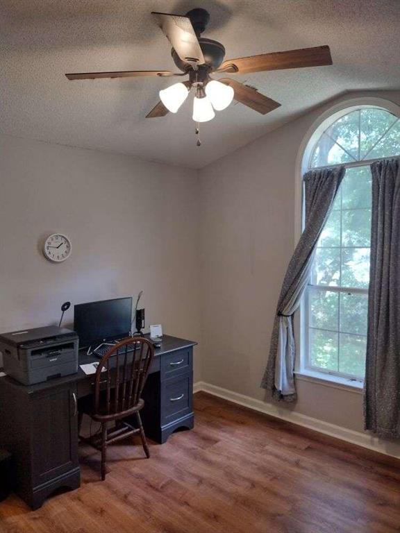 home office featuring light wood-style flooring, a wealth of natural light, ceiling fan, and baseboards