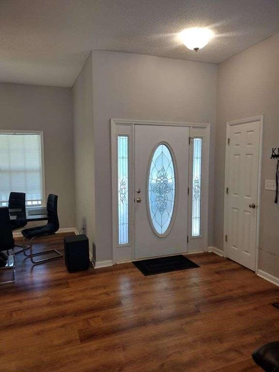 foyer with plenty of natural light, baseboards, a textured ceiling, and wood finished floors