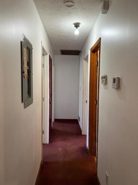 506 Carlton Dr, Palmetto, GA 30268 - corridor featuring baseboards, electric panel, dark colored carpet, and a textured ceiling