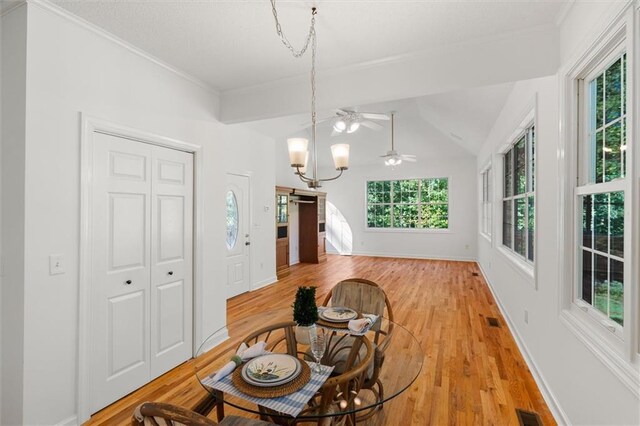 dining area featuring hardwood / wood-style floors, a wealth of natural light, and vaulted ceiling