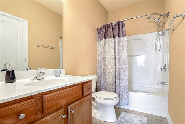 full bathroom with toilet, shower / bath combo with shower curtain, vanity, and tile patterned flooring