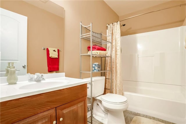 full bathroom with tile patterned flooring, vanity, toilet, and shower / tub combo with curtain