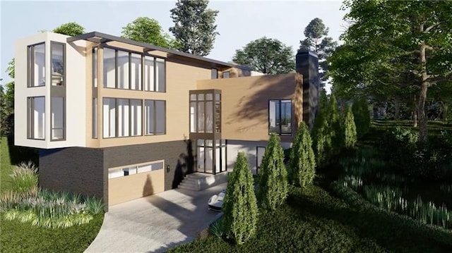 view of front of house with a chimney and stucco siding