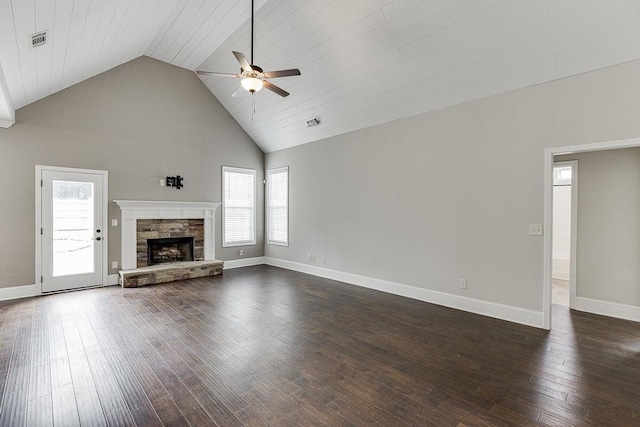63 Emma Ln, Winder, GA 30680 - unfurnished living room featuring ceiling fan, high vaulted ceiling, dark wood-style flooring, a fireplace, and wooden ceiling