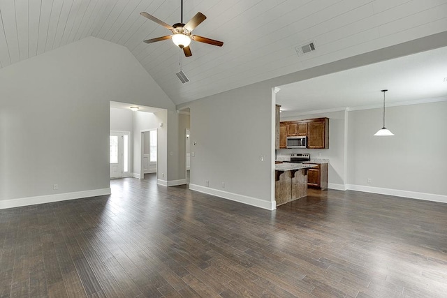 63 Emma Ln, Winder, GA 30680 - unfurnished living room with a ceiling fan, high vaulted ceiling, dark wood-type flooring, and baseboards