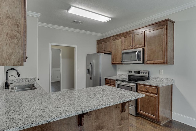 63 Emma Ln, Winder, GA 30680 - kitchen featuring stainless steel appliances, a sink, ornamental molding, a peninsula, and dark wood-style floors