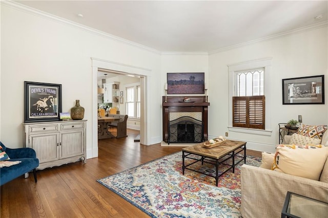 living area with baseboards, a fireplace, ornamental molding, and hardwood / wood-style floors