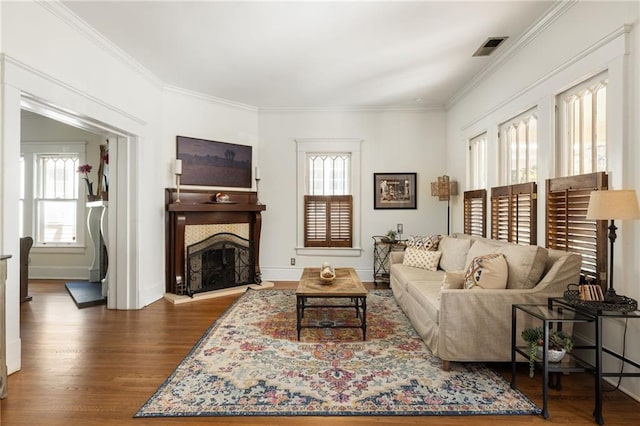 living area featuring a wealth of natural light, a fireplace with raised hearth, crown molding, and wood finished floors