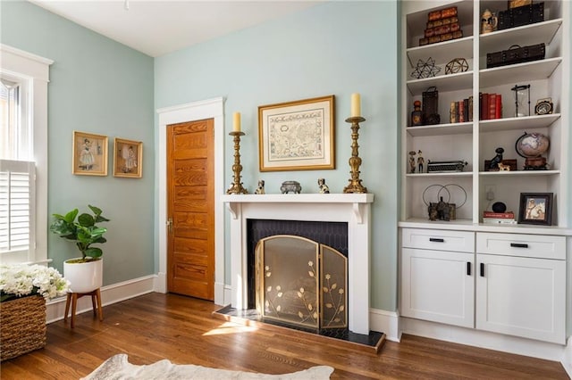 interior space featuring a fireplace, baseboards, and wood finished floors