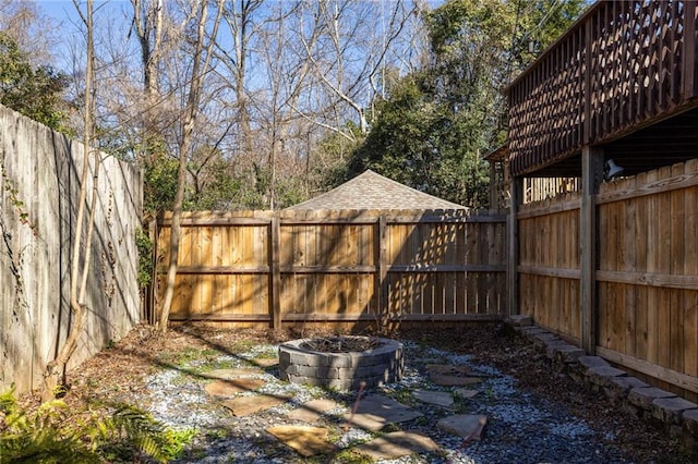 view of yard with an outdoor fire pit and a fenced backyard