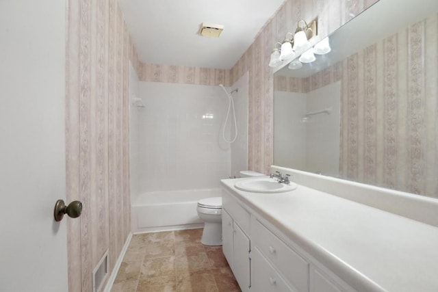 full bath with vanity, bathtub / shower combination, baseboards, toilet, and visible vents