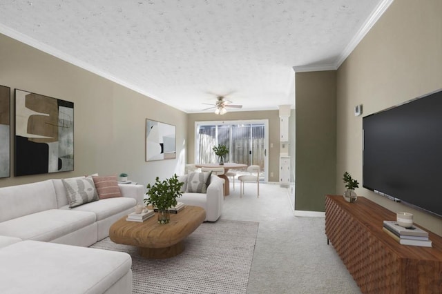 living area featuring light carpet, ornamental molding, a textured ceiling, and ceiling fan