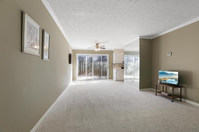 living area featuring ornamental molding, light carpet, a ceiling fan, and baseboards