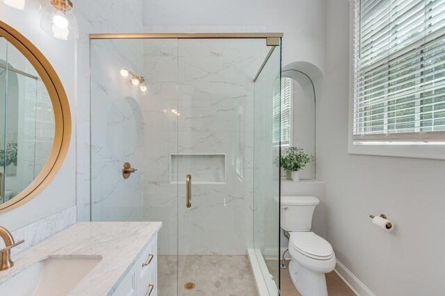 bathroom with vanity, toilet, a shower with door, and a healthy amount of sunlight