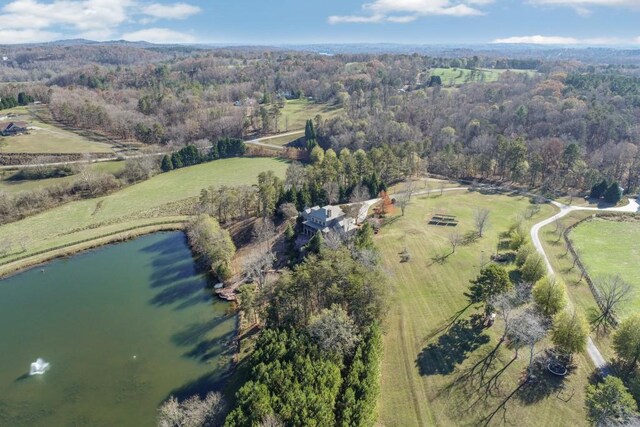 bird's eye view featuring a water view and a rural view