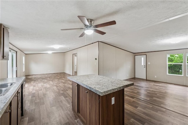 kitchen with ceiling fan, dark wood-style flooring, open floor plan, and a textured ceiling