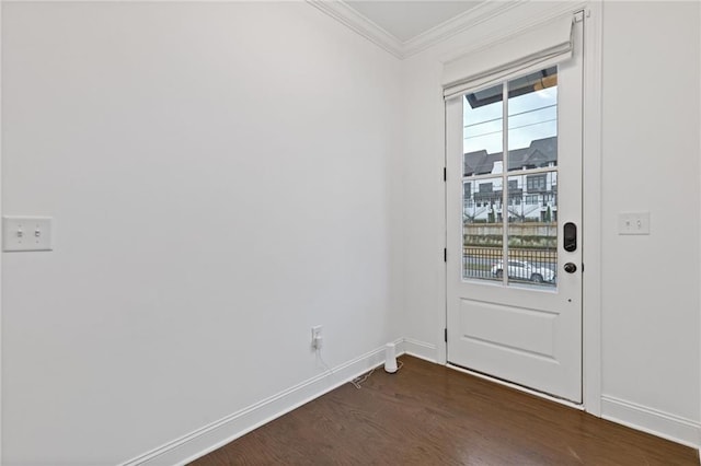 doorway with crown molding, plenty of natural light, and dark hardwood / wood-style floors