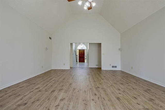 unfurnished living room featuring high vaulted ceiling, light hardwood / wood-style floors, and ceiling fan