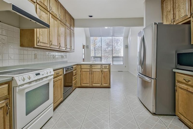 kitchen featuring stainless steel appliances, decorative backsplash, and kitchen peninsula