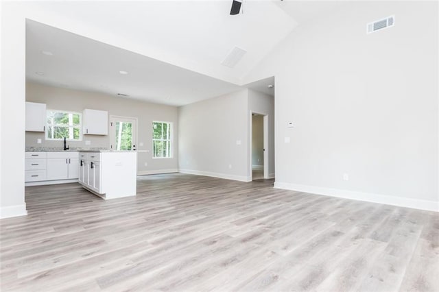 unfurnished living room with light wood finished floors, visible vents, ceiling fan, baseboards, and a sink