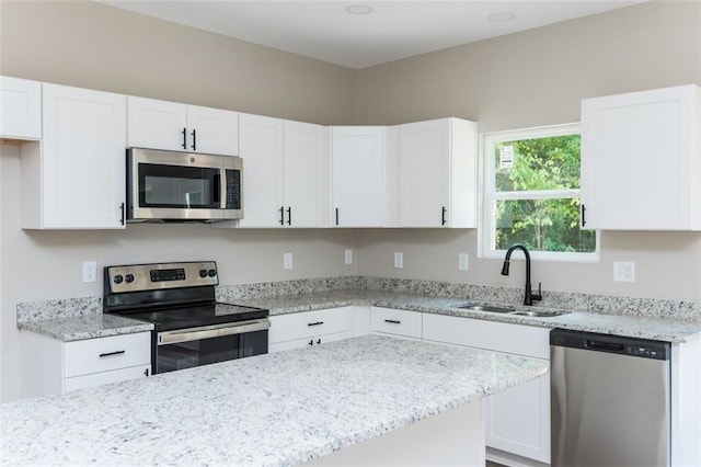 kitchen featuring light stone counters, appliances with stainless steel finishes, white cabinetry, and a sink