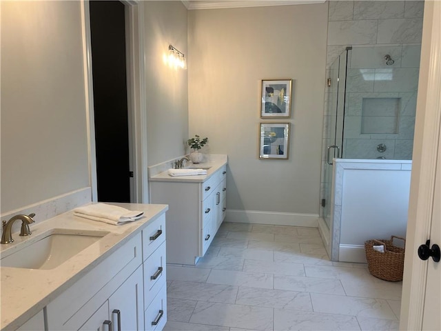 bathroom with vanity, ceiling fan, and tile patterned flooring