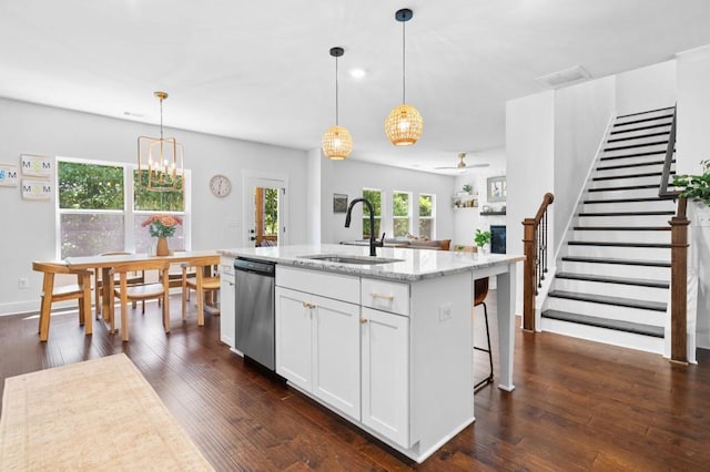 178 Crestbrook Way, Dallas, GA 30157 - kitchen featuring dishwasher, a sink, ceiling fan, white cabinetry, and dark wood-style flooring