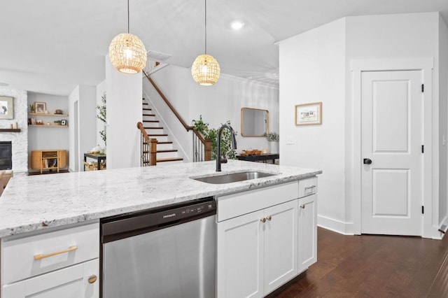 178 Crestbrook Way, Dallas, GA 30157 - kitchen featuring dishwasher, a sink, open floor plan, white cabinets, and dark wood finished floors