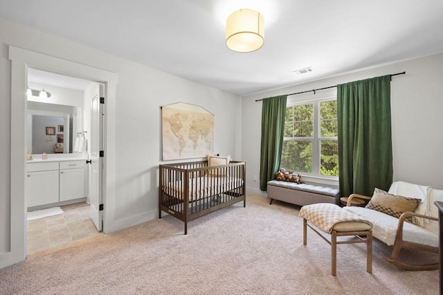 178 Crestbrook Way, Dallas, GA 30157 - bedroom featuring light colored carpet, baseboards, a sink, and ensuite bathroom