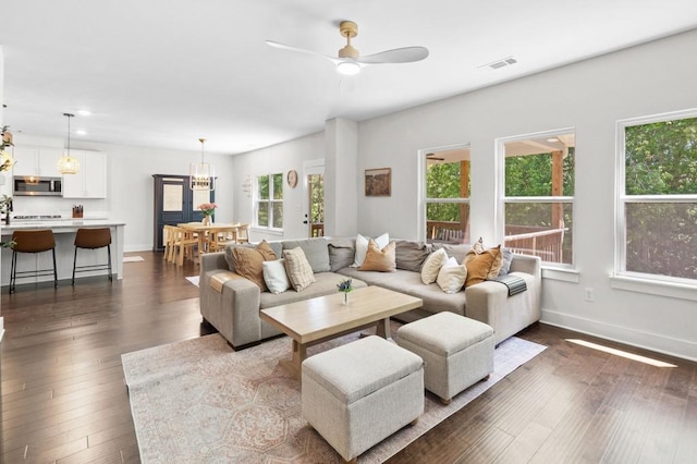 178 Crestbrook Way, Dallas, GA 30157 - living area with dark wood-style floors, ceiling fan, and baseboards