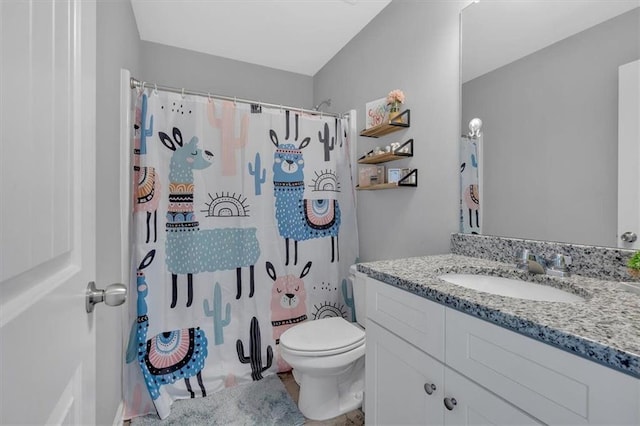 bathroom featuring vanity, toilet, and walk in shower