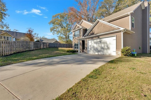 view of property exterior with a lawn and a garage