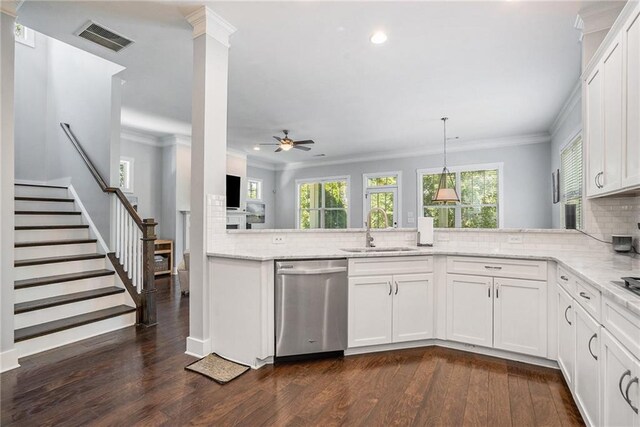 kitchen featuring white cabinetry, dark wood-type flooring, dishwasher, ceiling fan, and sink