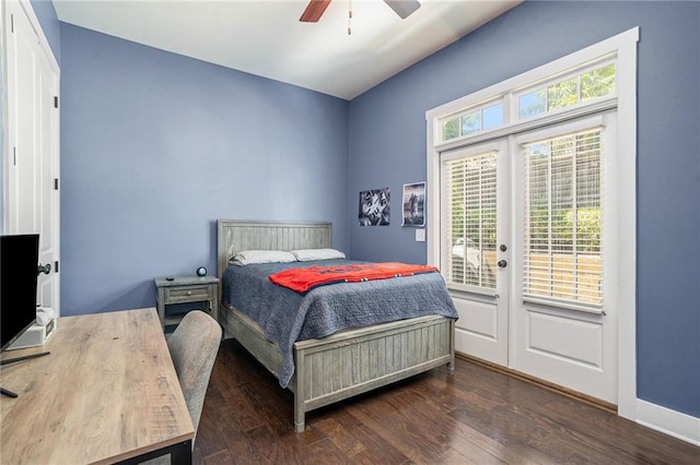 bedroom with ceiling fan and dark hardwood / wood-style floors