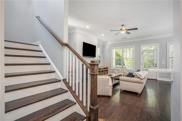 stairway featuring ceiling fan, crown molding, and wood-type flooring