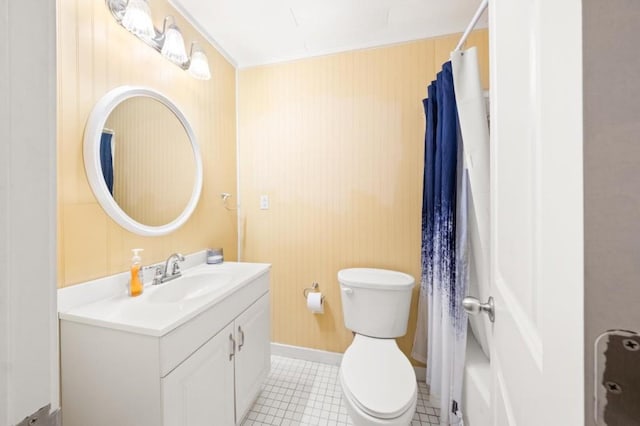 full bathroom with toilet, tile patterned flooring, vanity, and a shower with curtain