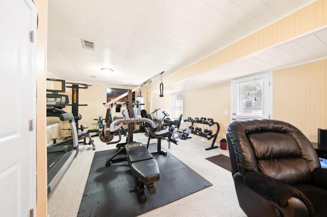 workout room with carpet floors and visible vents