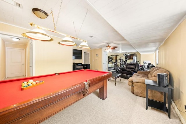 recreation room with carpet, billiards, and ceiling fan