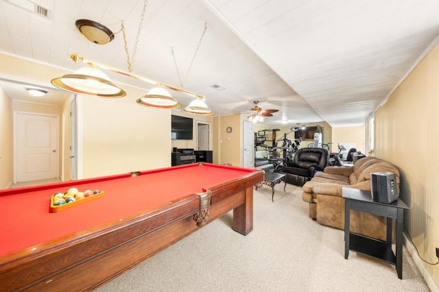 recreation room featuring carpet flooring, billiards, and ceiling fan