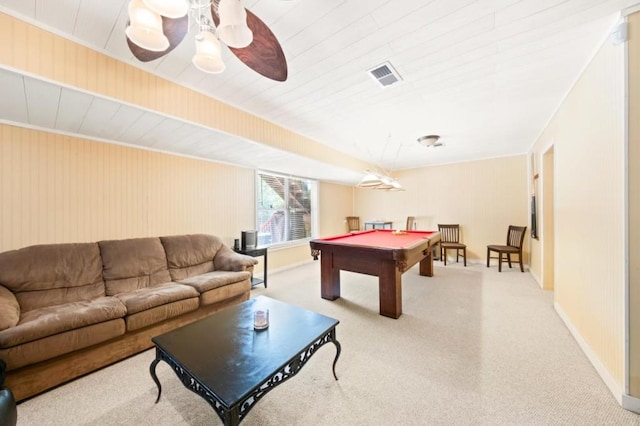 rec room with visible vents, baseboards, light colored carpet, ceiling fan, and pool table